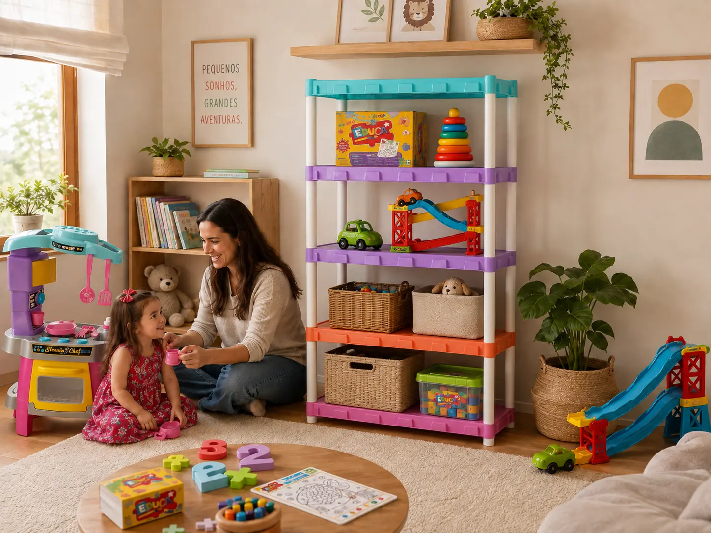 Estante multicolor com 4 prateleiras para organização da casa